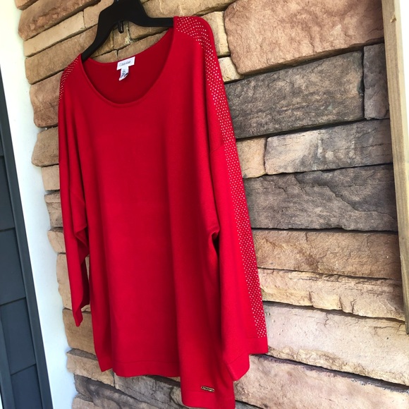 Calvin Klein red thin knit scoop neck gold detail sweater Large - Picture 2 of 9